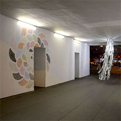  Pro Choice, Vienna, untitled, 300x300cm, makeup and skin cream on wall, 2012, untitled, plastic foil, neon tube, cable, ca.300x130x30cm, 2012